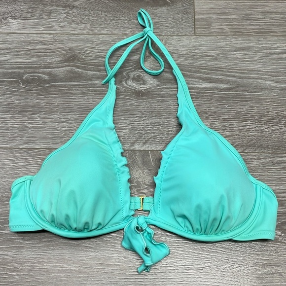 Victoria’s Secret Bikini Ruffle Cheeky Bottom Ruffle Halter Aqua Floral M/34C - Picture 9 of 16